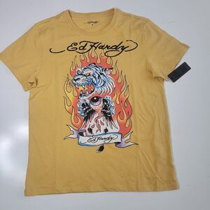 NEW M ED HARDY FIRE TIGER EVIL EYE MEN'S YELLOW BLUE BLACK TSHIRT MEDIUM NWT